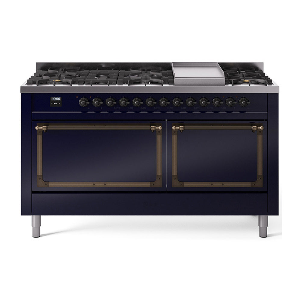 ILVE 60-Inch Nostalgie II Noblesse Natural Gas Dual Fuel Range with 9 Sealed Burners, Griddle, and Solid Door Oven in Midnight Blue with Bronze Trim (UN60FQNMPMBB)