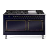 ILVE 60-Inch Nostalgie II Noblesse Natural Gas Dual Fuel Range with 9 Sealed Burners, Griddle, and Solid Door Oven in Midnight Blue with Bronze Trim (UN60FQNMPMBB)