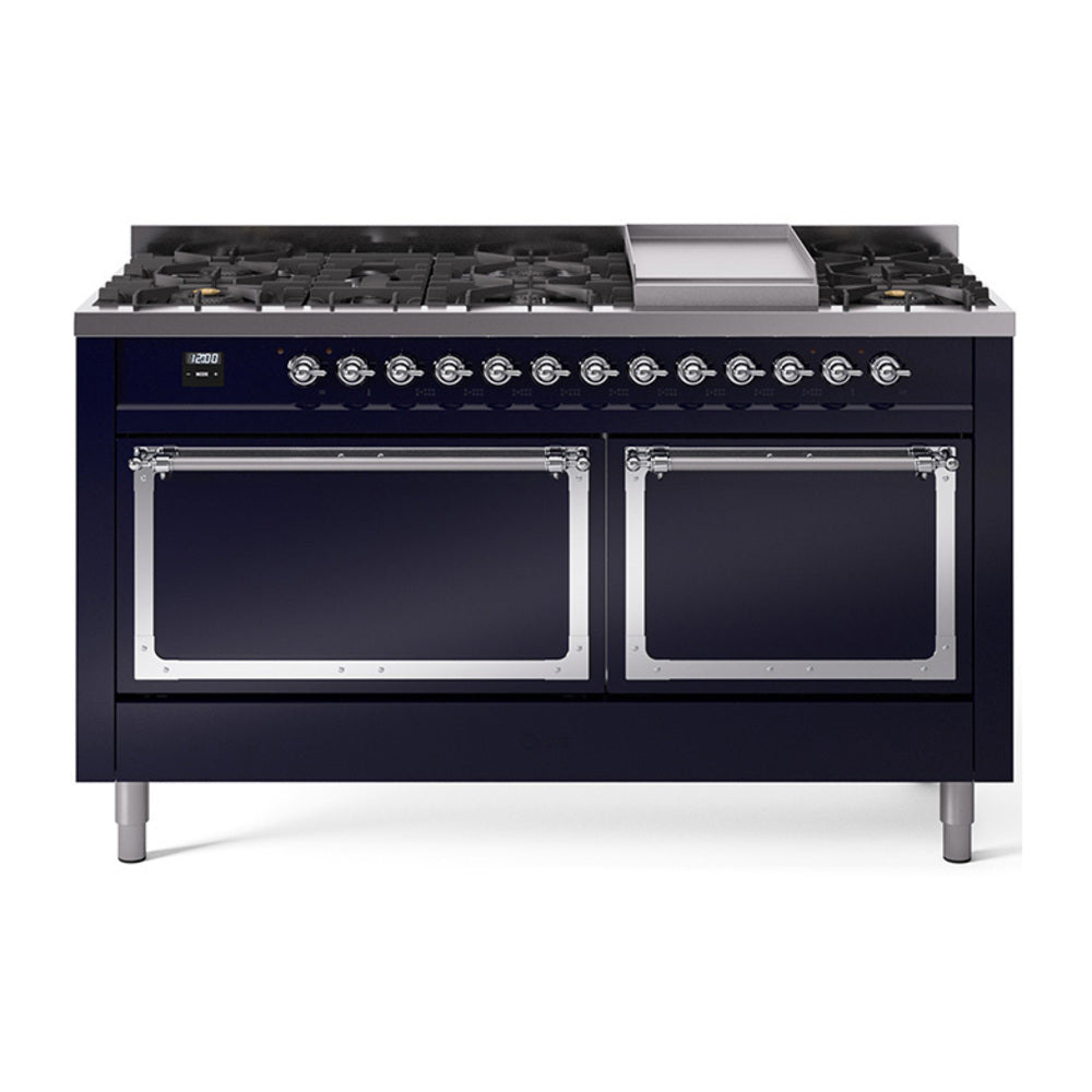 ILVE 60-Inch Nostalgie II Noblesse Propane Gas Dual Fuel Range with 9 Sealed Burners, Griddle, and Solid Door Oven in Midnight Blue with Chrome Trim (UN60FQNMPMBCLP)