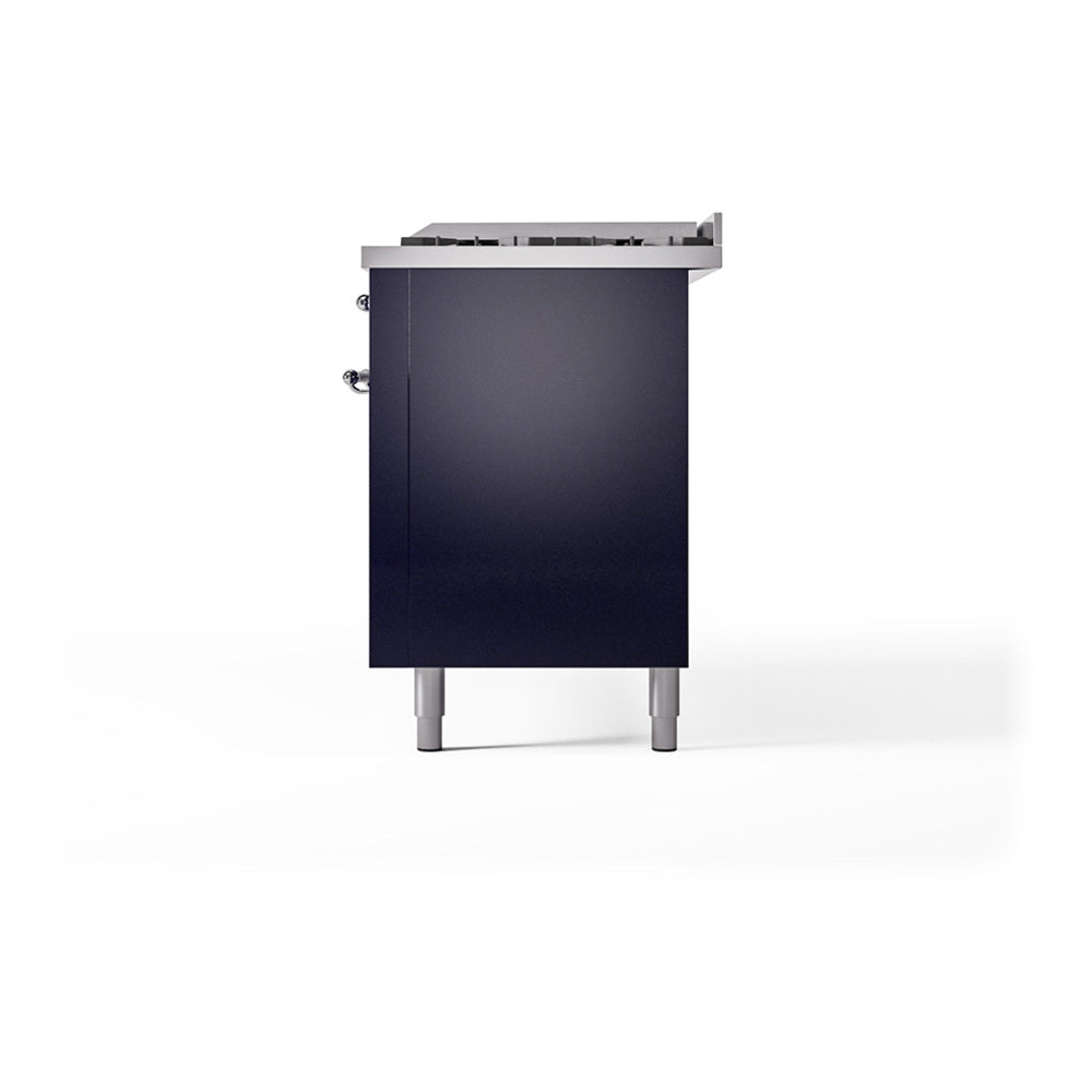 ILVE 60-Inch Nostalgie II Noblesse Natural Gas Dual Fuel Range with 9 Sealed Burners, Griddle, and Solid Door Oven in Midnight Blue with Chrome Trim  (UN60FQNMPMBC)