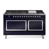 ILVE 60-Inch Nostalgie II Noblesse Natural Gas Dual Fuel Range with 9 Sealed Burners, Griddle, and Solid Door Oven in Midnight Blue with Chrome Trim  (UN60FQNMPMBC)