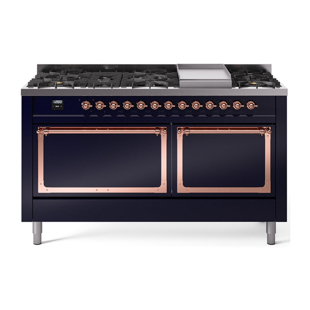 ILVE 60-Inch Nostalgie II Noblesse Propane Gas Dual Fuel Range with 9 Sealed Burners, Griddle, and Solid Door Oven in Midnight Blue with Copper Trim (UN60FQNMPMBPLP)