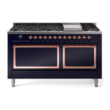 ILVE 60-Inch Nostalgie II Noblesse Natural Gas Dual Fuel Range with 9 Sealed Burners, Griddle, and Solid Door Oven in Midnight Blue with Copper Trim (UN60FQNMPMBP)