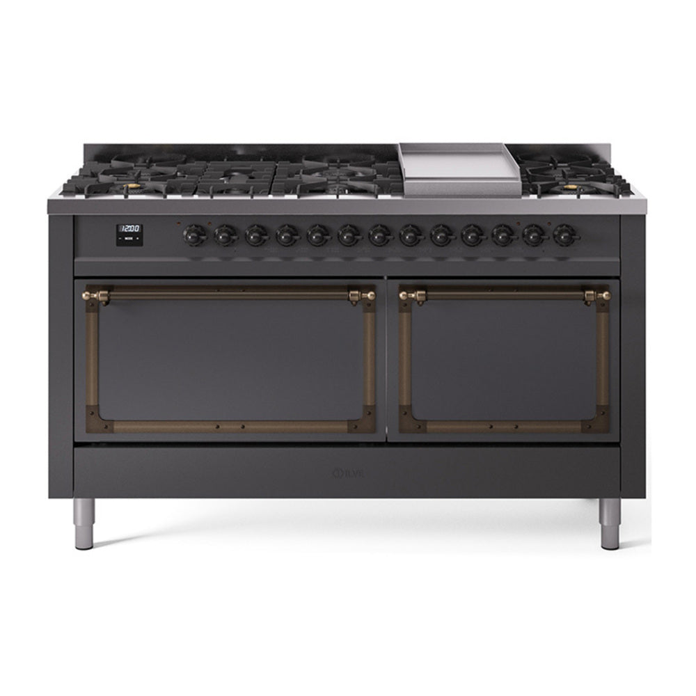 ILVE 60-Inch Nostalgie II Noblesse Natural Gas Dual Fuel Range with 9 Sealed Burners, Griddle, and Solid Door Oven in Matte Graphite with Bronze Trim (UN60FQNMPMGB)