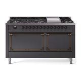 ILVE 60-Inch Nostalgie II Noblesse Natural Gas Dual Fuel Range with 9 Sealed Burners, Griddle, and Solid Door Oven in Matte Graphite with Bronze Trim (UN60FQNMPMGB)