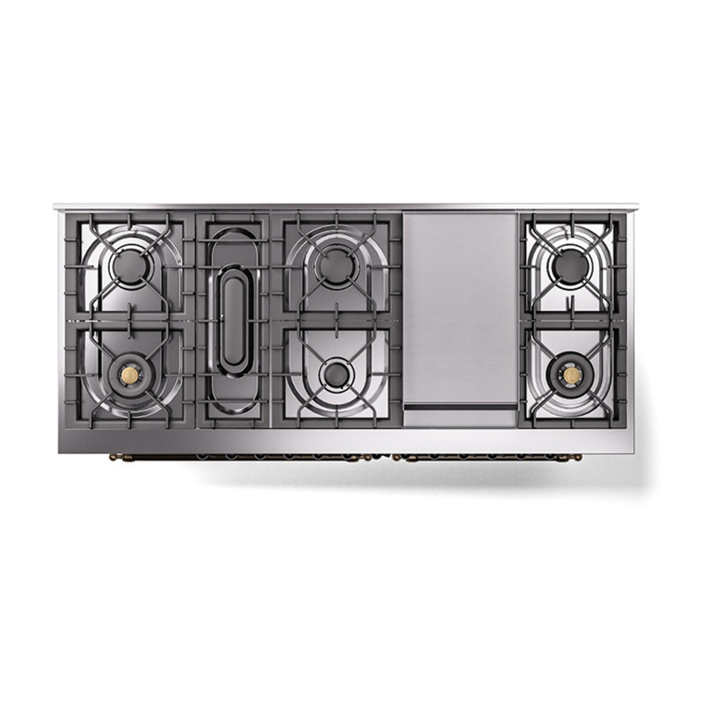 ILVE 60-Inch Nostalgie II Noblesse Propane Gas Dual Fuel Range with 9 Sealed Burners, Griddle, and Solid Door Oven in Custom RAL with Bronze Trim (UN60FQNMPRABLP)