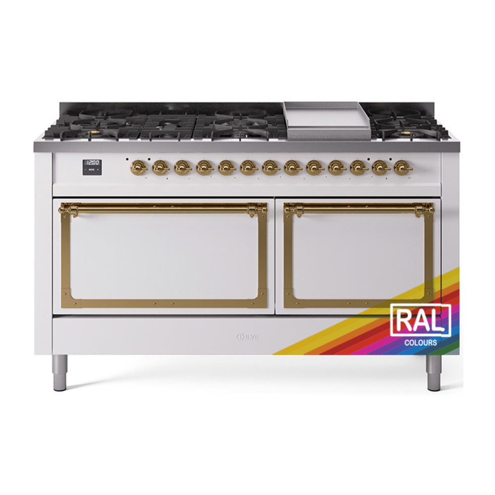 ILVE 60-Inch Nostalgie II Noblesse Propane Gas Dual Fuel Range with 9 Sealed Burners, Griddle, and Solid Door Oven in RAL with Brass Trim (UN60FQNMPRAGLP)