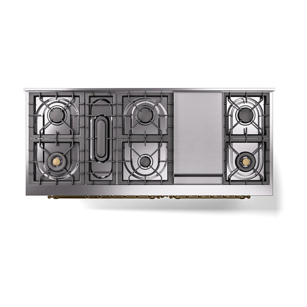 ILVE 60-Inch Nostalgie II Noblesse Propane Gas Dual Fuel Range with 9 Sealed Burners, Griddle, and Solid Door Oven in RAL with Brass Trim (UN60FQNMPRAGLP)