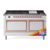 ILVE 60-Inch Nostalgie II Noblesse Propane Gas Dual Fuel Range with 9 Sealed Burners, Griddle, and Solid Door Oven in Custom RAL with Copper Trim (UN60FQNMPRAPLP)