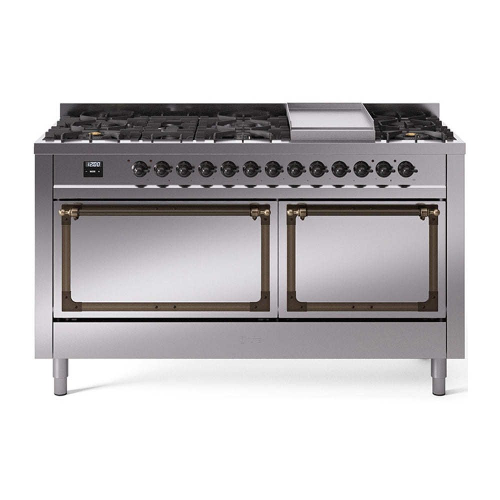 ILVE 60-Inch Nostalgie II Noblesse Propane Gas Dual Fuel Range with 9 Sealed Burners, Griddle, and Solid Door Oven in Stainless Steel with Bronze Trim (UN60FQNMPSSBLP)