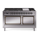 ILVE 60-Inch Nostalgie II Noblesse Propane Gas Dual Fuel Range with 9 Sealed Burners, Griddle, and Solid Door Oven in Stainless Steel with Bronze Trim (UN60FQNMPSSBLP)