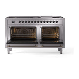 ILVE 60-Inch Nostalgie II Noblesse Propane Gas Dual Fuel Range with 9 Sealed Burners, Griddle, and Solid Door Oven in Stainless Steel with Bronze Trim (UN60FQNMPSSBLP)