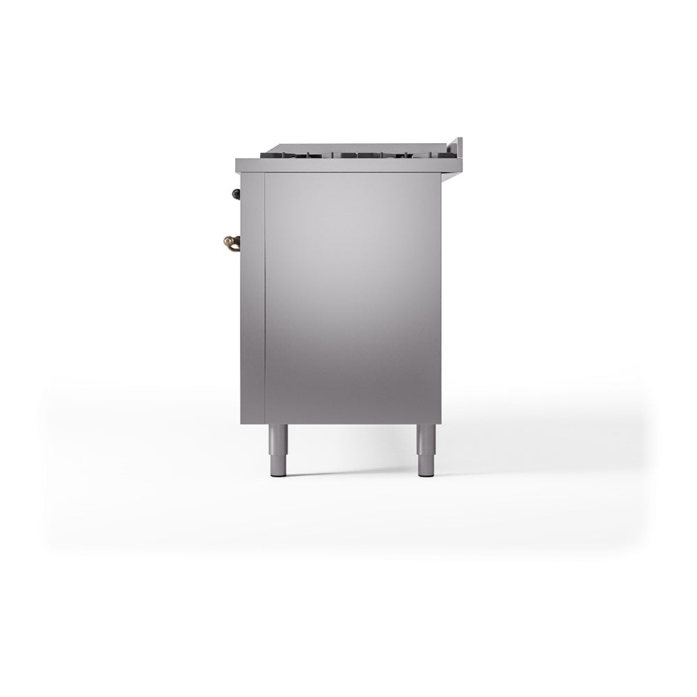 ILVE 60-Inch Nostalgie II Noblesse Propane Gas Dual Fuel Range with 9 Sealed Burners, Griddle, and Solid Door Oven in Stainless Steel with Bronze Trim (UN60FQNMPSSBLP)