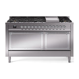 ILVE 60-Inch Nostalgie II Noblesse Natural Gas Dual Fuel Range with 9 Sealed Burners, Griddle, and Solid Door Oven in Stainless Steel with Chrome Trim (UN60FQNMPSSC)