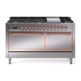 ILVE 60-Inch Nostalgie II Noblesse Propane Gas Dual Fuel Range with 9 Sealed Burners, Griddle, and Solid Door Oven in Stainless Steel with Copper Trim (UN60FQNMPSSPLP)