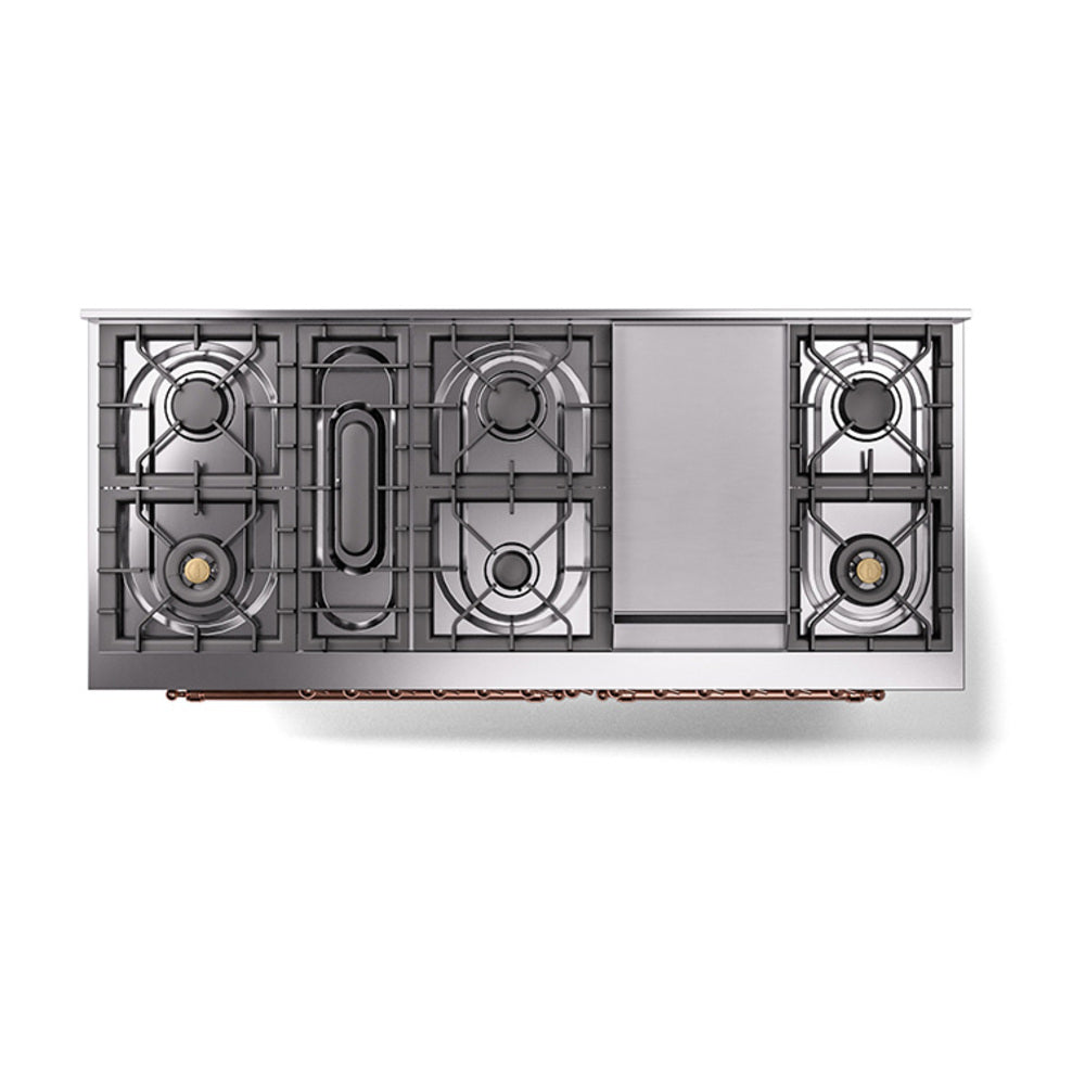ILVE 60-Inch Nostalgie II Noblesse Propane Gas Dual Fuel Range with 9 Sealed Burners, Griddle, and Solid Door Oven in Stainless Steel with Copper Trim (UN60FQNMPSSPLP)