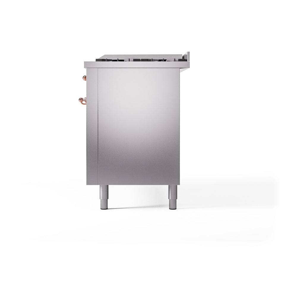 ILVE 60-Inch Nostalgie II Noblesse Propane Gas Dual Fuel Range with 9 Sealed Burners, Griddle, and Solid Door Oven in Stainless Steel with Copper Trim (UN60FQNMPSSPLP)
