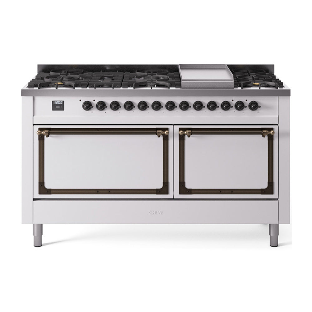 ILVE 60-Inch Nostalgie II Noblesse Propane Gas Dual Fuel Range with 9 Sealed Burners, Griddle, and Solid Door Oven in White with Bronze Trim (UN60FQNMPWHBLP)