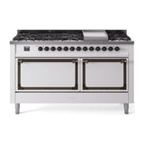 ILVE 60-Inch Nostalgie II Noblesse Propane Gas Dual Fuel Range with 9 Sealed Burners, Griddle, and Solid Door Oven in White with Bronze Trim (UN60FQNMPWHBLP)