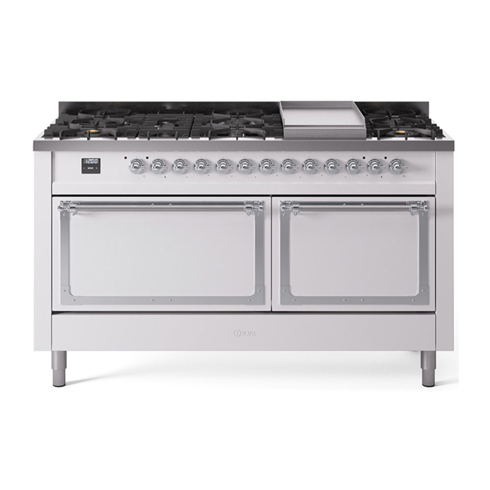 ILVE 60-Inch Nostalgie II Noblesse Natural Gas Dual Fuel Range with 9 Sealed Burners, Griddle, and Solid Door Oven in White with Chrome Trim (UN60FQNMPWHC)