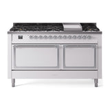 ILVE 60-Inch Nostalgie II Noblesse Natural Gas Dual Fuel Range with 9 Sealed Burners, Griddle, and Solid Door Oven in White with Chrome Trim (UN60FQNMPWHC)