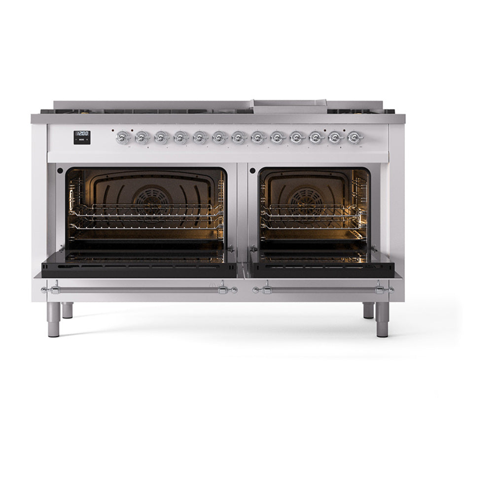 ILVE 60-Inch Nostalgie II Noblesse Natural Gas Dual Fuel Range with 9 Sealed Burners, Griddle, and Solid Door Oven in White with Chrome Trim (UN60FQNMPWHC)