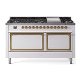 ILVE 60-Inch Nostalgie II Noblesse Propane Gas Dual Fuel Range with 9 Sealed Burners, Griddle, and Solid Door Oven in White with Brass Trim (UN60FQNMPWHGLP)