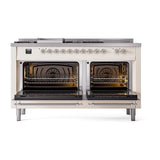 ILVE 60-Inch Nostalgie II Noblesse Natural Gas Dual Fuel Range with 7 Sealed Burners, Griddle, French Top and Triple Glass Door Oven in Antique White with Chrome Trim (UN60FSNMPAWC)