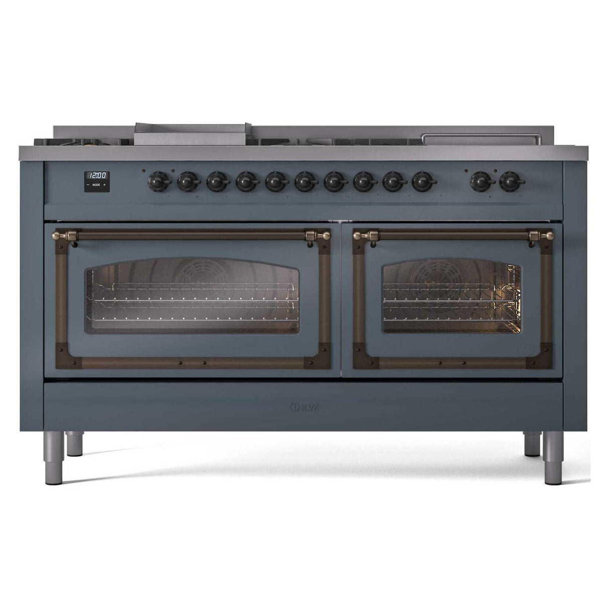 ILVE 60-Inch Nostalgie II Noblesse Natural Gas Dual Fuel Range with 7 Sealed Burners, Griddle, French Top and Triple Glass Door Oven in Blue Grey with Bronze Trim (UN60FSNMPBGB)