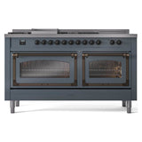 ILVE 60-Inch Nostalgie II Noblesse Natural Gas Dual Fuel Range with 7 Sealed Burners, Griddle, French Top and Triple Glass Door Oven in Blue Grey with Bronze Trim (UN60FSNMPBGB)