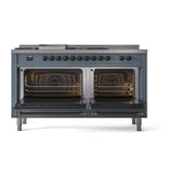 ILVE 60-Inch Nostalgie II Noblesse Natural Gas Dual Fuel Range with 7 Sealed Burners, Griddle, French Top and Triple Glass Door Oven in Blue Grey with Bronze Trim (UN60FSNMPBGB)