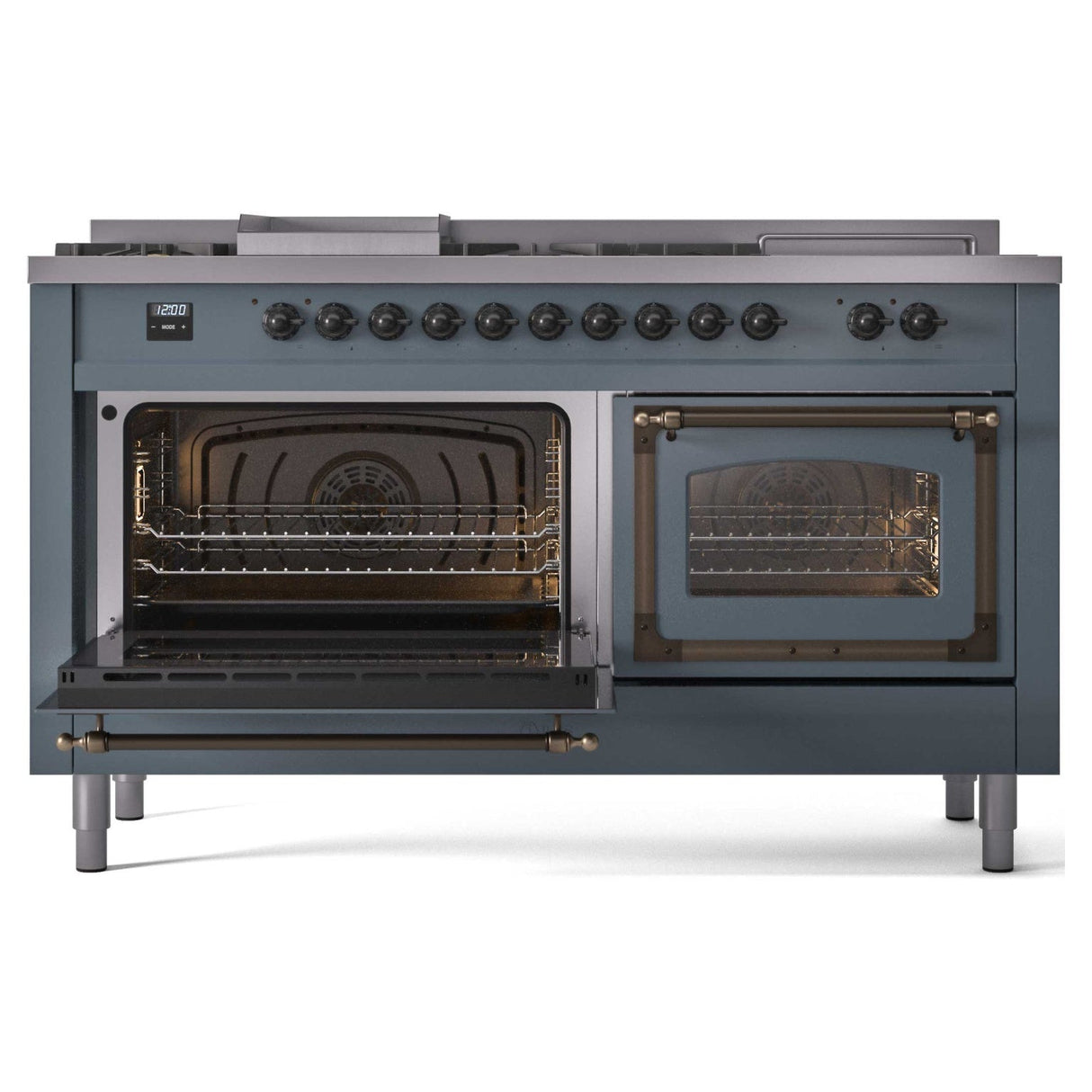 ILVE 60-Inch Nostalgie II Noblesse Natural Gas Dual Fuel Range with 7 Sealed Burners, Griddle, French Top and Triple Glass Door Oven in Blue Grey with Bronze Trim (UN60FSNMPBGB)