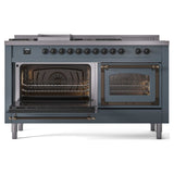 ILVE 60-Inch Nostalgie II Noblesse Natural Gas Dual Fuel Range with 7 Sealed Burners, Griddle, French Top and Triple Glass Door Oven in Blue Grey with Bronze Trim (UN60FSNMPBGB)
