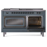ILVE 60-Inch Nostalgie II Noblesse Natural Gas Dual Fuel Range with 7 Sealed Burners, Griddle, French Top and Triple Glass Door Oven in Blue Grey with Bronze Trim (UN60FSNMPBGB)