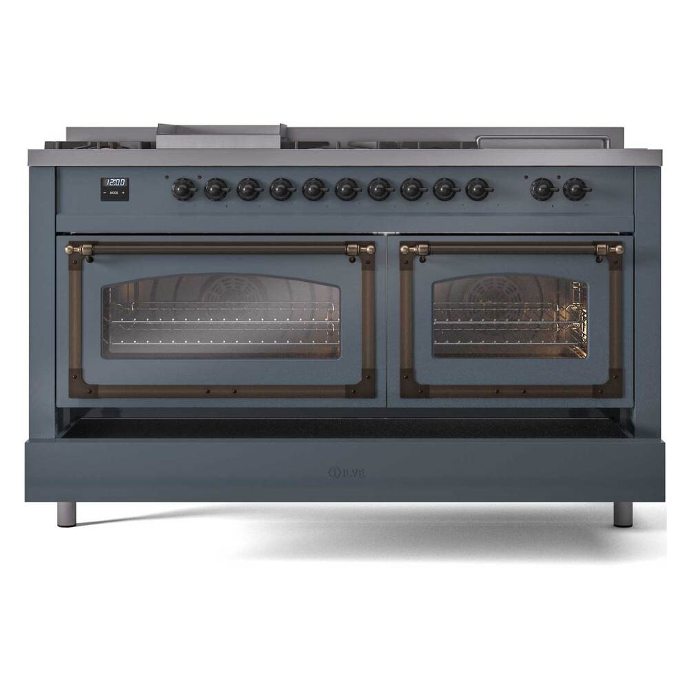 ILVE 60-Inch Nostalgie II Noblesse Natural Gas Dual Fuel Range with 7 Sealed Burners, Griddle, French Top and Triple Glass Door Oven in Blue Grey with Bronze Trim (UN60FSNMPBGB)