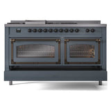 ILVE 60-Inch Nostalgie II Noblesse Natural Gas Dual Fuel Range with 7 Sealed Burners, Griddle, French Top and Triple Glass Door Oven in Blue Grey with Bronze Trim (UN60FSNMPBGB)