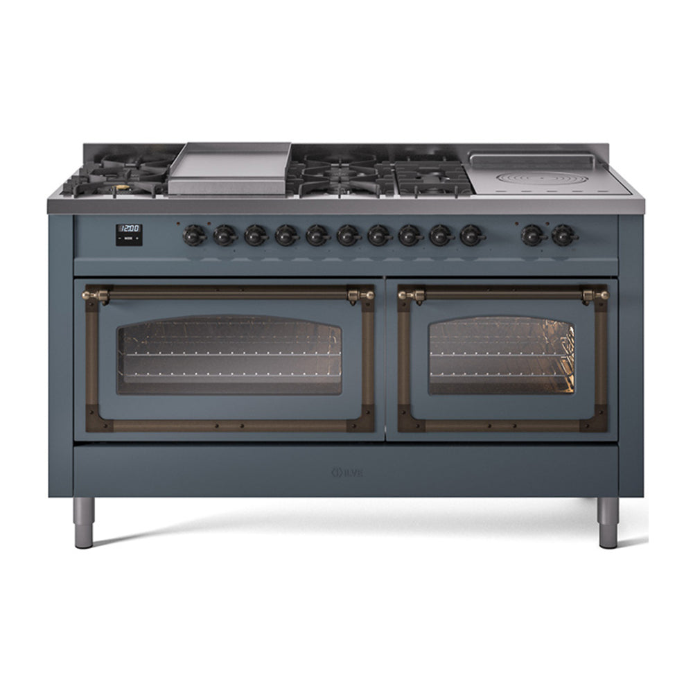 ILVE 60-Inch Nostalgie II Noblesse Natural Gas Dual Fuel Range with 7 Sealed Burners, Griddle, French Top and Triple Glass Door Oven in Blue Grey with Bronze Trim (UN60FSNMPBGB)