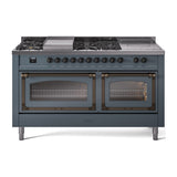 ILVE 60-Inch Nostalgie II Noblesse Natural Gas Dual Fuel Range with 7 Sealed Burners, Griddle, French Top and Triple Glass Door Oven in Blue Grey with Bronze Trim (UN60FSNMPBGB)
