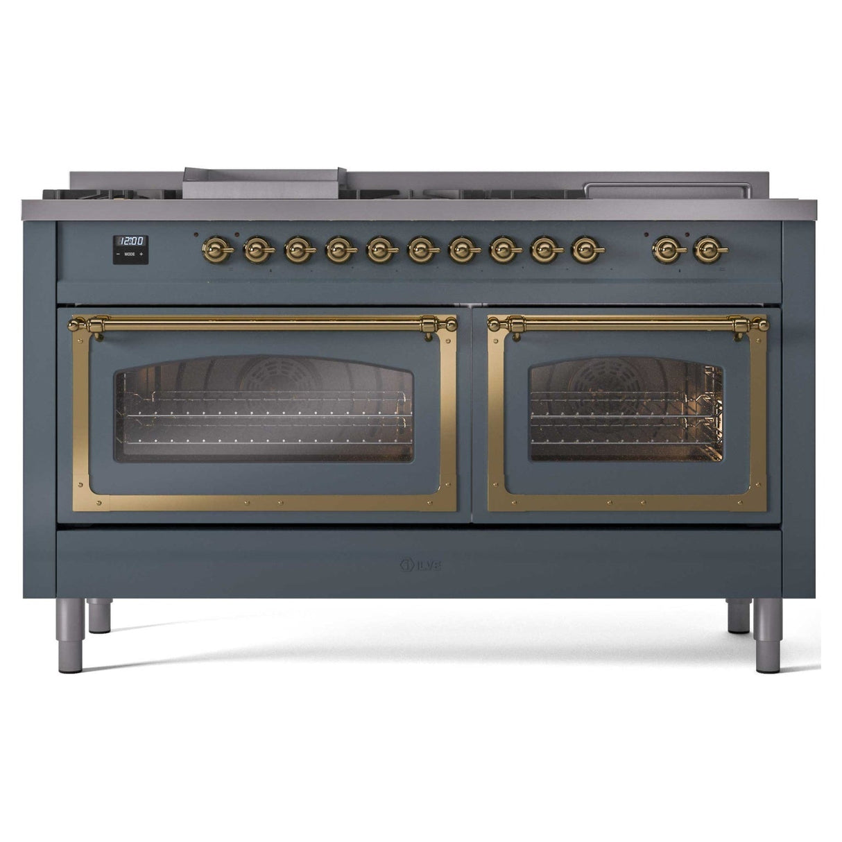 ILVE 60-Inch Nostalgie II Noblesse Natural Gas Dual Fuel Range with 7 Sealed Burners, Griddle, French Top and Triple Glass Door Oven in Blue Grey with Brass Trim (UN60FSNMPBGG)