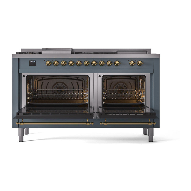 ILVE 60-Inch Nostalgie II Noblesse Natural Gas Dual Fuel Range with 7 Sealed Burners, Griddle, French Top and Triple Glass Door Oven in Blue Grey with Brass Trim (UN60FSNMPBGG)