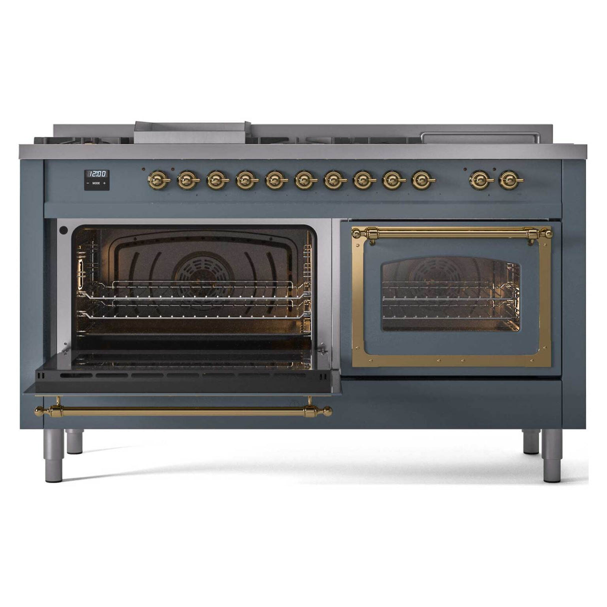 ILVE 60-Inch Nostalgie II Noblesse Natural Gas Dual Fuel Range with 7 Sealed Burners, Griddle, French Top and Triple Glass Door Oven in Blue Grey with Brass Trim (UN60FSNMPBGG)