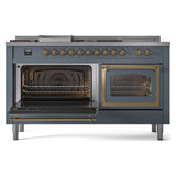 ILVE 60-Inch Nostalgie II Noblesse Natural Gas Dual Fuel Range with 7 Sealed Burners, Griddle, French Top and Triple Glass Door Oven in Blue Grey with Brass Trim (UN60FSNMPBGG)
