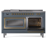 ILVE 60-Inch Nostalgie II Noblesse Natural Gas Dual Fuel Range with 7 Sealed Burners, Griddle, French Top and Triple Glass Door Oven in Blue Grey with Brass Trim (UN60FSNMPBGG)