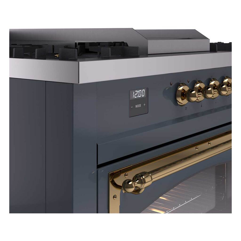 ILVE 60-Inch Nostalgie II Noblesse Natural Gas Dual Fuel Range with 7 Sealed Burners, Griddle, French Top and Triple Glass Door Oven in Blue Grey with Brass Trim (UN60FSNMPBGG)