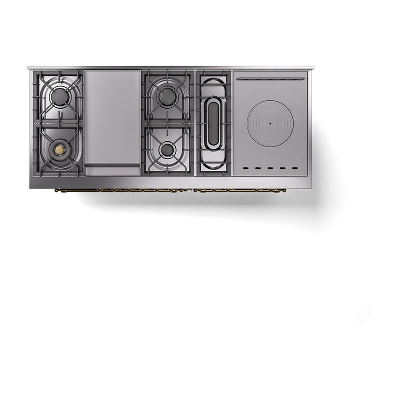 ILVE 60-Inch Nostalgie II Noblesse Natural Gas Dual Fuel Range with 7 Sealed Burners, Griddle, French Top and Triple Glass Door Oven in Blue Grey with Brass Trim (UN60FSNMPBGG)