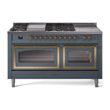 ILVE 60-Inch Nostalgie II Noblesse Natural Gas Dual Fuel Range with 7 Sealed Burners, Griddle, French Top and Triple Glass Door Oven in Blue Grey with Brass Trim (UN60FSNMPBGG)