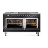 ILVE 60-Inch Nostalgie II Noblesse Natural Gas Dual Fuel Range with 7 Sealed Burners, Griddle, French Top and Triple Glass Door Oven in Glossy Black with Bronze Trim (UN60FSNMPBKB)
