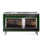 ILVE 60-Inch Nostalgie II Noblesse Natural Gas Dual Fuel Range with 7 Sealed Burners, Griddle, French Top, and Triple Glass Door Oven in Emerald Green with Bronze Trim (UN60FSNMPEGB)