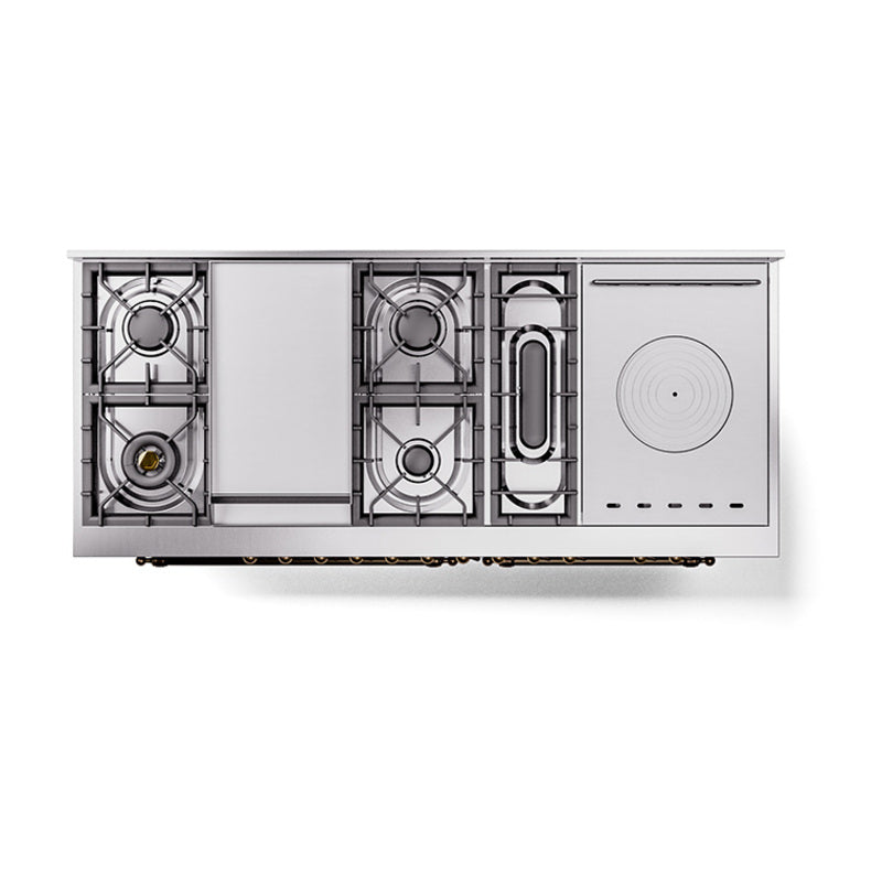 ILVE 60-Inch Nostalgie II Noblesse Natural Gas Dual Fuel Range with 7 Sealed Burners, Griddle, French Top, and Triple Glass Door Oven in Emerald Green with Bronze Trim (UN60FSNMPEGB)