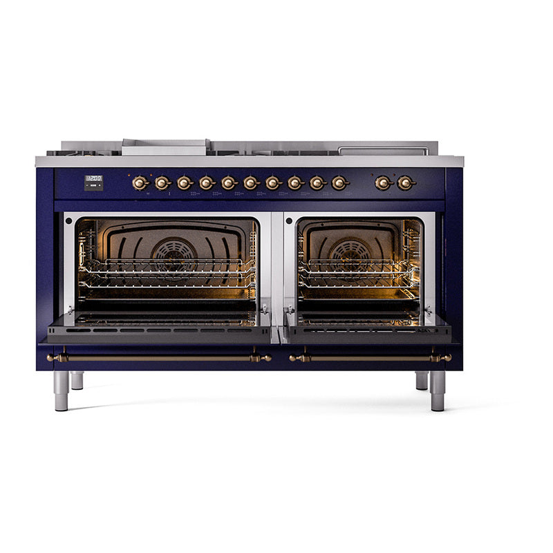 ILVE 60-Inch Nostalgie II Noblesse Natural Gas Dual Fuel Range with 7 Sealed Burners, Griddle, French Top, and Triple Glass Door Oven in Midnight Blue with Bronze Trim (UN60FSNMPMBB)